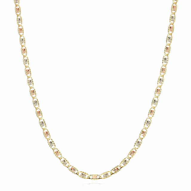 Solid 14K Gold Tri-Color 4mm Diamond-Cut Valentino Chain Necklace 18"-24"
