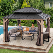SUNJOY 11x13 Wooden Gazebo with Double Steel Roof, Nettings and Curtains - Weathered Cedar