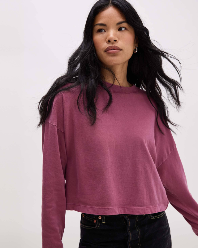 Womens Relaxed Crop Long Sleeve Tee - Pigment Dye Jersey - Burgundy