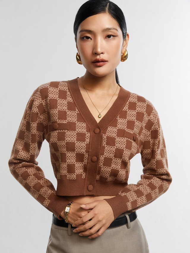 เสื้อคาร์ดิแกนครอปลายตารางจาก Double Weave - สีน้ำตาล