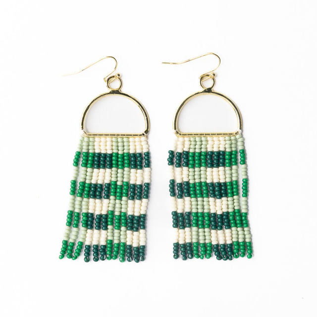 Allison Gingham Beaded Fringe Earrings Green