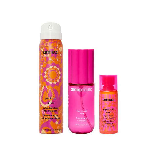 refresh, prep + mist set |  amika:aura hair + body mist, perk up plus dry shampoo, superfruit star styling oil