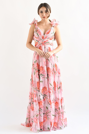 Floral Print Ruffled Straps Lace Up Backless Maxi Dresses-Pink