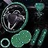 Green Steering Wheel Cover Set 15 inch,7 Pack Crystal Rhinestone Diamond Bling Green Car Accessories Set,Seat Belt Cushion,Bling Gear Shifter Cover,Car Bling Ring,Car Cup Coaster,Green