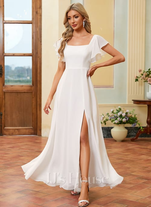 A-line Square Floor-Length Chiffon Wedding Dress With Ruffle (002291509)