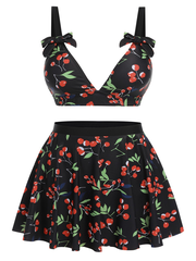 [Pre-Sale] [Plus Size] Black 1950s Cherry Bow V-Neck Swimsuit