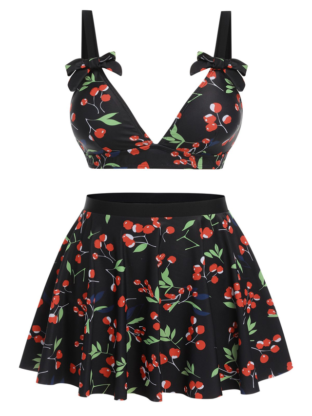 [Pre-Sale] [Plus Size] Black 1950s Cherry Bow V-Neck Swimsuit