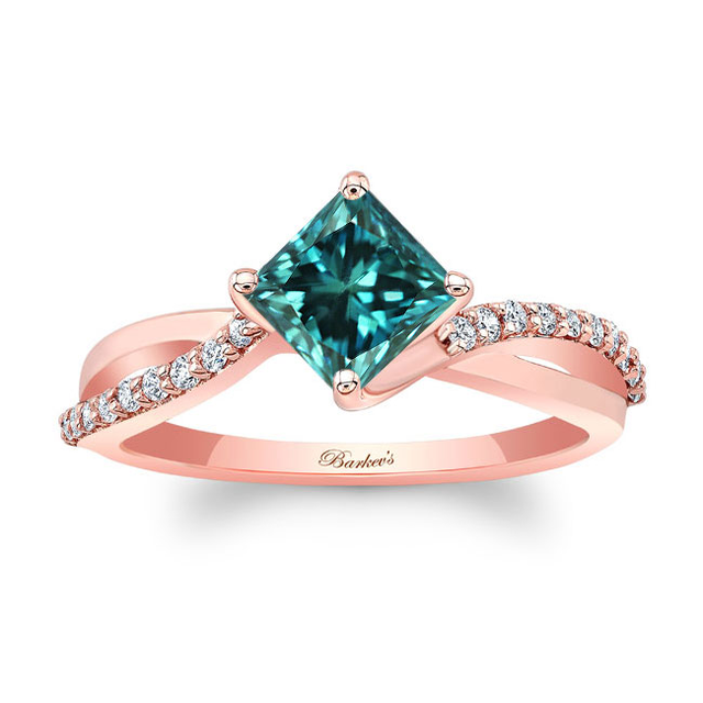 Princess Cut Blue And White Diamond Twist Engagement Ring 18k Rose Gold