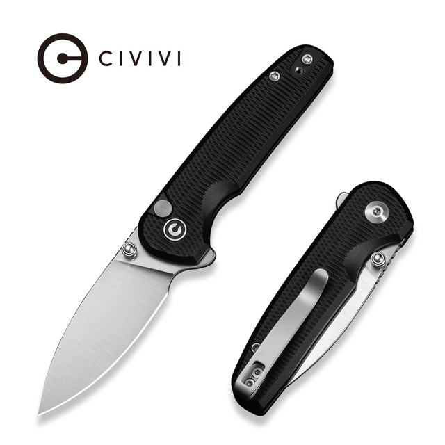 CIVIVI Mini Shakan Flipper & Thumb Stud & Button Lock Knife Ripple Patterned Black Aluminum Handle (2.48" Satin Finished Nitro-V Blade) C20052F-1