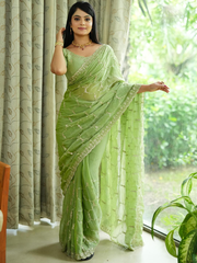 Anouk Green Tissue Embroidered Sarees