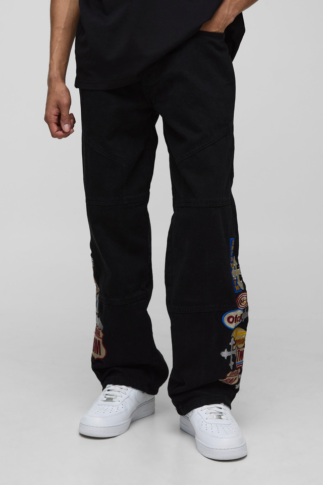 Relaxed Moto Badge Cross Applique Panelled Jeans | boohooMAN