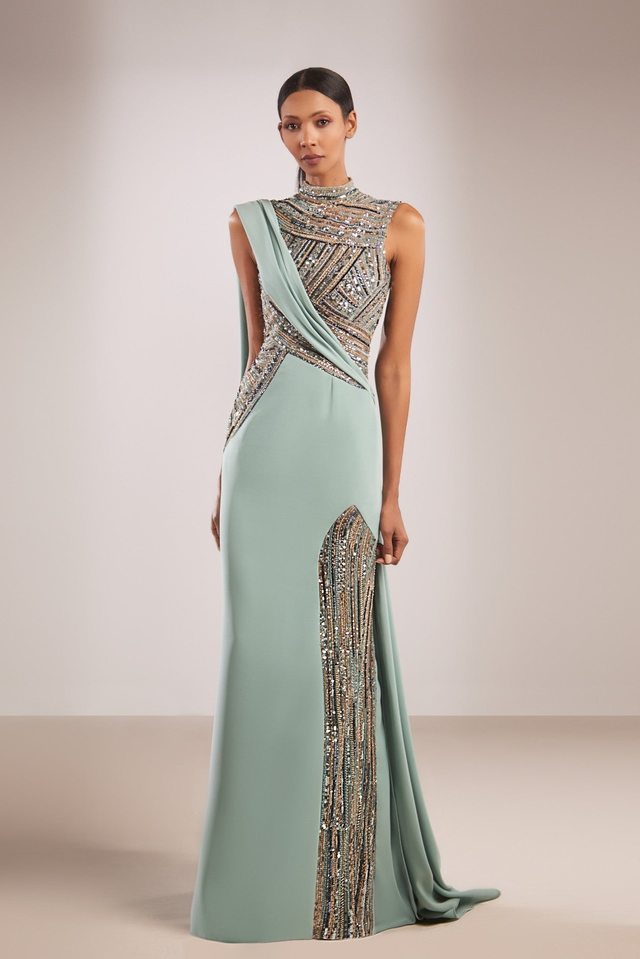 High neck semi-beaded gown