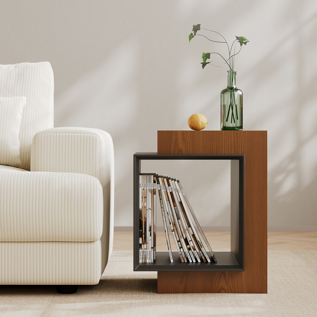 2 PCS 18" Modern Wood Side Table with Storage, End Table Set of 2, for Living Room & Bedroom, Walnut & Black