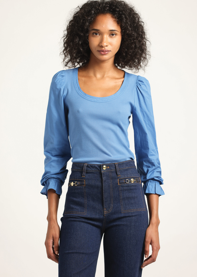 Aishah Scoop Neck Long Sleeve Ribbed Top - Winter Sky