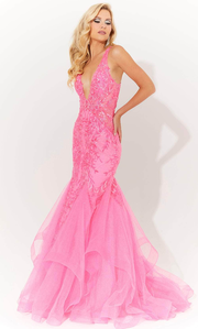 Jasz Couture 7571 - Floral Applique Embellished Prom Dress