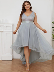 pretty CALLIE|Plus Size Sleeveless Sequin Ribbon Waist Tulle High Low Evening Dress