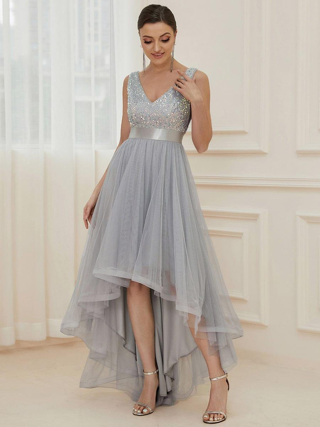ever CALLIE|Sequin Bodice Tulle High-Low Evening Dress with Ribbon Waist