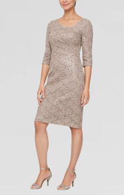 Petite - Short Sheath Sequin Lace Cocktail Dress with L-Shaped Neckline and 3/4 Sleeves