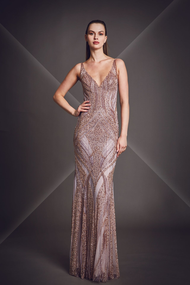 V neck fully beaded sleeveless dress