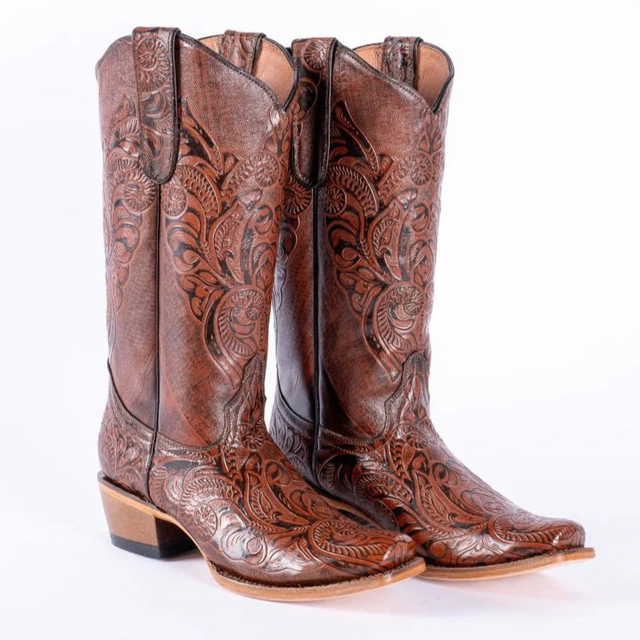 Tanner Mark Women's Hand Tooled Square Toe Leather Boots Cognac