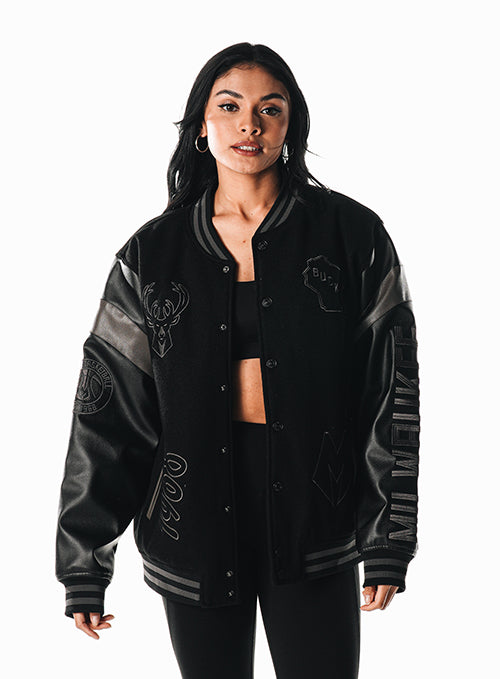 Bucks In Six x The Wild Collective Quad Hits Black Milwaukee Bucks Varsity Jacket