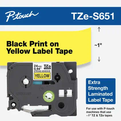 ~1" Black Print on Yellow Extra Strength label tape