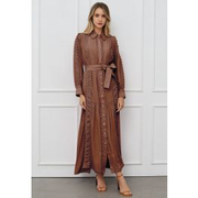 Captivating Lace Tie-Waist Button Down Maxi Dress in Brown