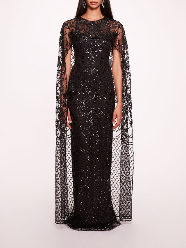 Sequin Lattice Cape Gown