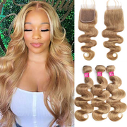 #27 Honey Blonde Milk Tea Brown Body Wave 3 Bundles with 4x4 Lace Closure Human Hair