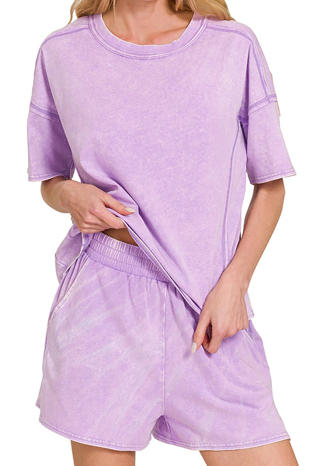 Zenana Hemlock Falls Bright Lavender Acid Wash Tee & Shorts Set