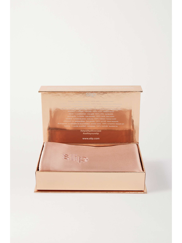 Embroidered silk queen pillowcase - rose gold - One Size