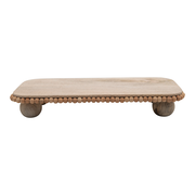 Mango Wood Pedestal with Wood Beads; Modern Footed Serving Tray / Decorative Wood Pedestal for Dessert Table, Natural Colored