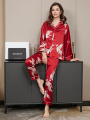 19Momme Women's 100% Mulberry Silk Crane Print Full Length Pajama Set