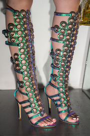 Lalalyn Grommets Round Toe Knee-High Heels - Mermaid