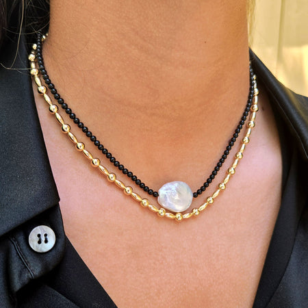 Black Onyx Beaded Necklace with Freshwater Pearl & 14k Gold Filled Clasp
