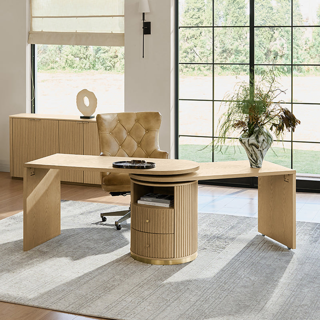 Modern Fluted L shaped 360 Rotating Wooden Office Desk