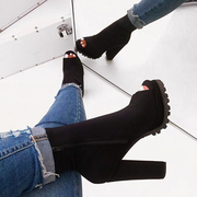 Black Peep Toe Booties Women's Block Heel Boots