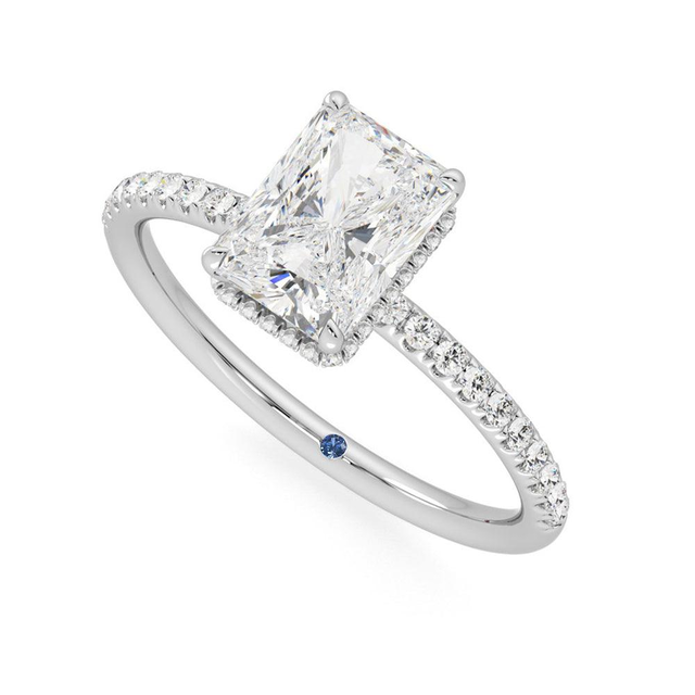 Radiant Cut Moissanite Engagement Ring with Hidden Halo and Anniversary Stone Accent