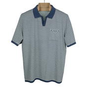 Knit short sleeve polo in blue and white striped cotton