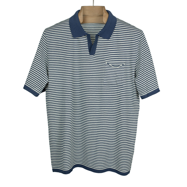 Knit short sleeve polo in blue and white striped cotton