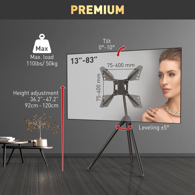 Barkan 13" - 83" Elegant Tripod Floor Stand TV Mount - Tilt & Height Adjustment