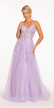 Sweetheart Plunging Mesh Corset Ballgown with Embellished Appliques