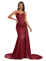 Mismatched Burgandy Sexy Side Slit Mermaid Soft Satin Long Bridesmaid Dresses Online