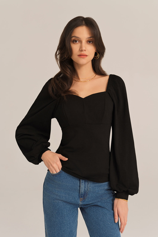 Lantern Sleeves V-Neck Stretchy Cotton Blouse