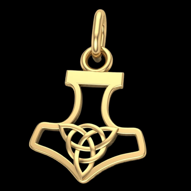 Handcrafted Slim Thor Hammer With Triquetra Gold Pendant