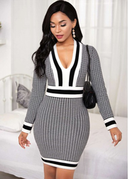 Geometric Print Patchwork Black Short Long Sleeve Bodycon Dress