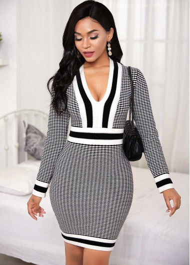 Geometric Print Patchwork Black Short Long Sleeve Bodycon Dress