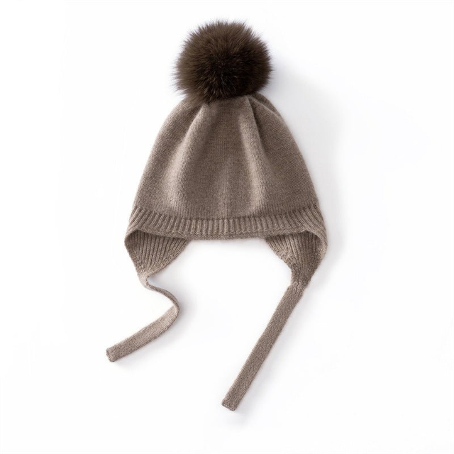 Kids Cashmere Earflap Hat with Pom Tie-String Cashmere Beanie
