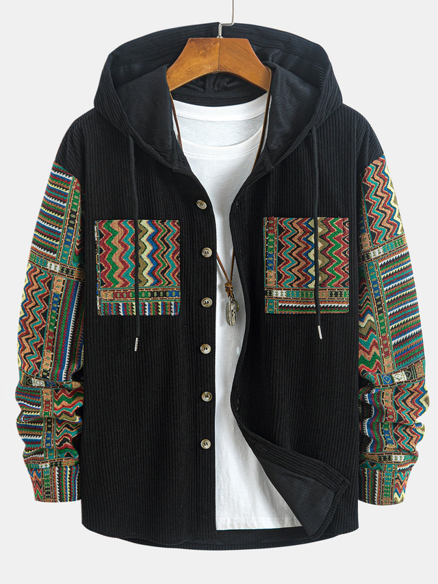 Relax Fit Ethnic Geometric Corduroy Patchwork Hooded Shirt # Random Pattern Design #