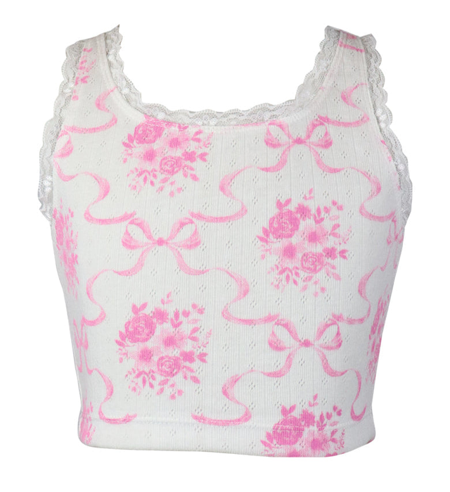 Flowers By Zoe Lounge- Pink Toile Lace Trimmed Tank